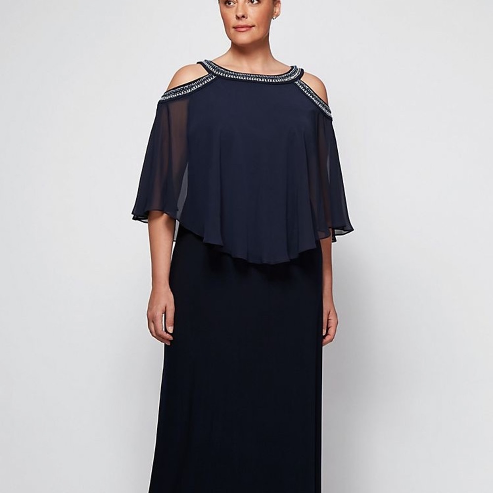 Navy Blue Full Length Cold Shoulder Dress